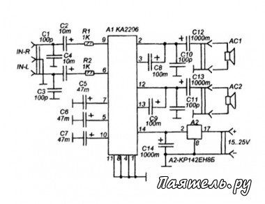 Схема простого стереоусилителя 2x3Вт