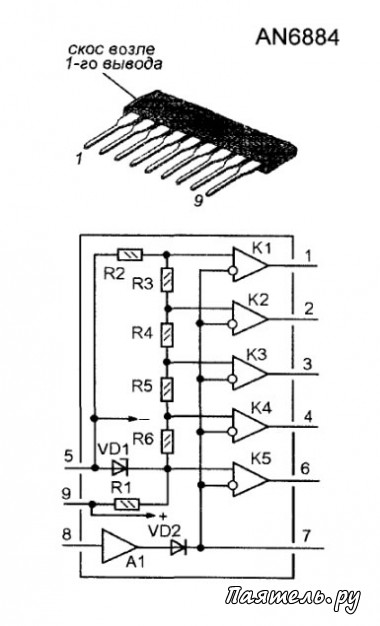 Схема светодиодных индикаторов на микросхеме AN6884