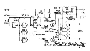 Схема преобразователя напряжения 6В-12В-220В