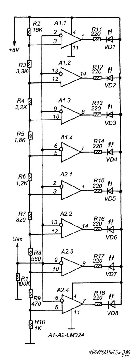 Схема индикатора напряжения (контрольки) на светодиодах для сборки своими руками