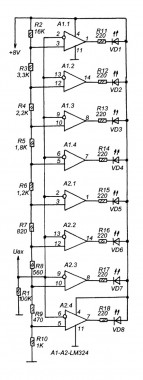 Схема светодиодного индикатора уровня напряжения