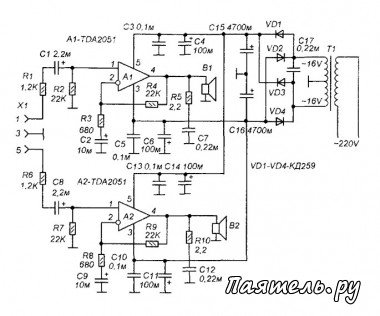 Схема усилителя 2x40W на микросхеме TDA2051