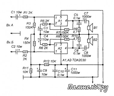 Схема универсального усилителя 2x12W