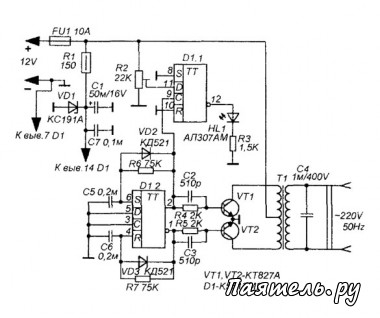 Схема простого преобразователя напряжения 12В-220В