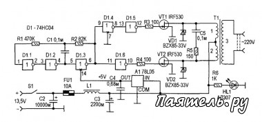 Схема автомобильного преобразователя напряжения 12В-220В