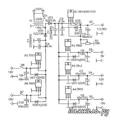 Схема простого лабораторного источника питания 1.3-30V