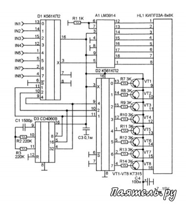 Схема восьмивходового диаграммного индикатора