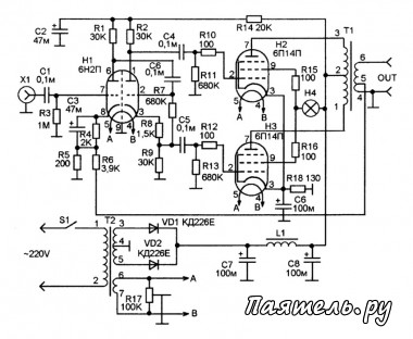 Схема простого лампового усилителя